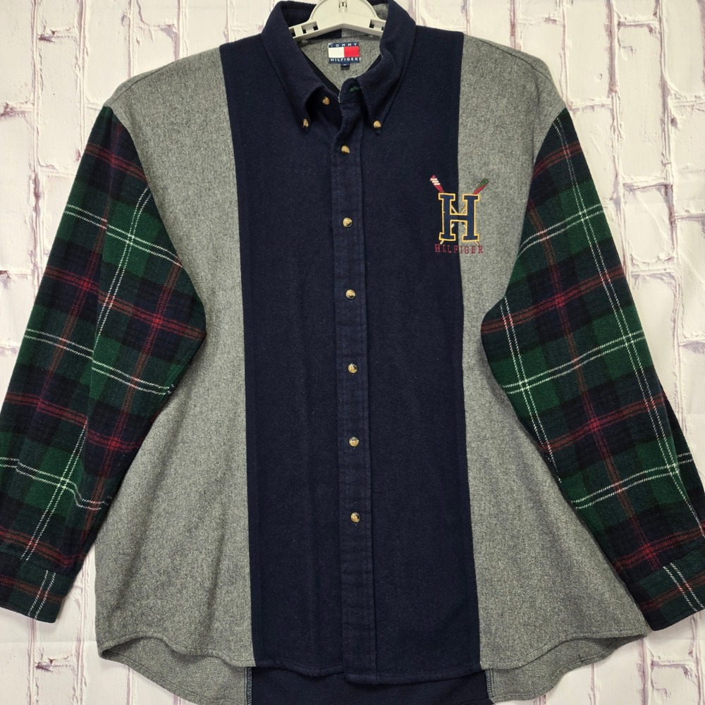 Vintage Tommy Hilfiger Men XL Colorblock Wool Blend Plaid Sleeve Button Down
